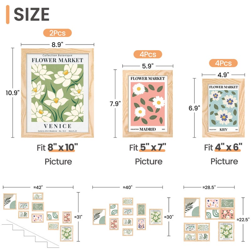 upsimples 10 Pack Picture Frames Collage Wall Decor for Mounting or Tabletop Display, Photo Gallery Frame Set for Family, Multi Sizes Including 8x10, 5x7, 4x6, Natural - Image 2
