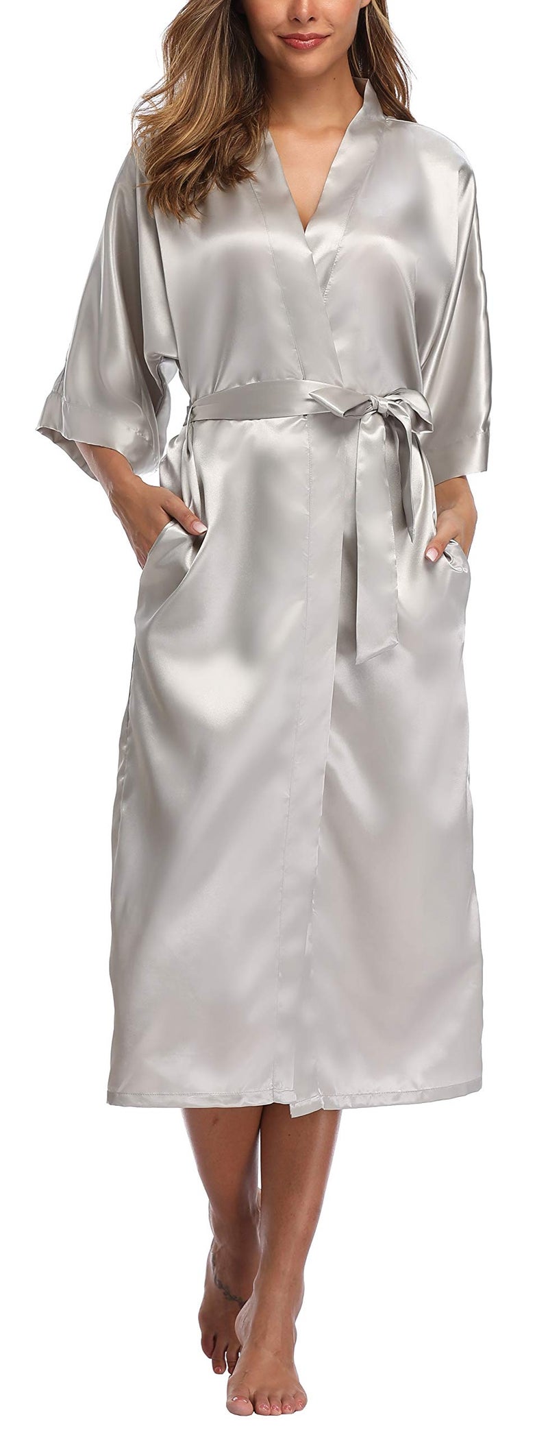 sunshinemall Women's Bridal Party Long Satin Bathrobe Kimono Nightgown Wedding Day Long Dress Gown - Image 1