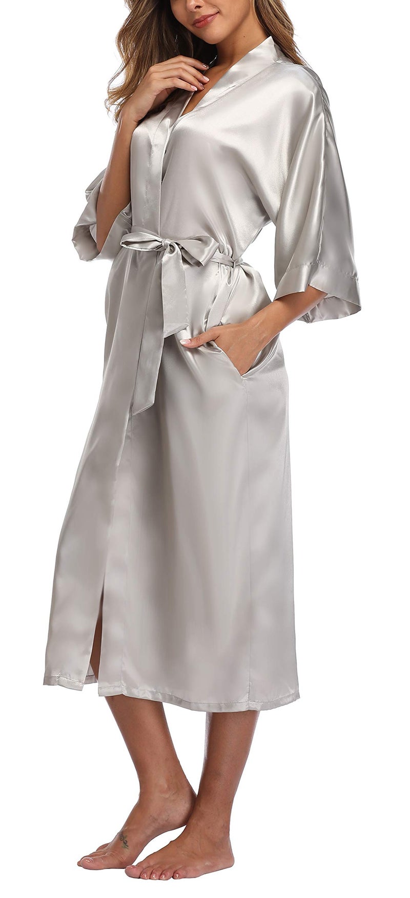 sunshinemall Women's Bridal Party Long Satin Bathrobe Kimono Nightgown Wedding Day Long Dress Gown - Image 2