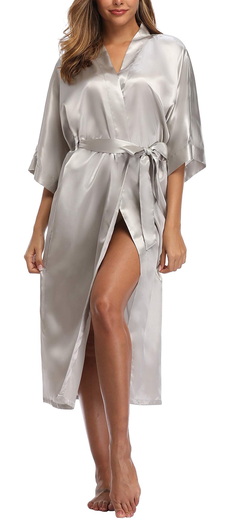 sunshinemall Women's Bridal Party Long Satin Bathrobe Kimono Nightgown Wedding Day Long Dress Gown - Image 3
