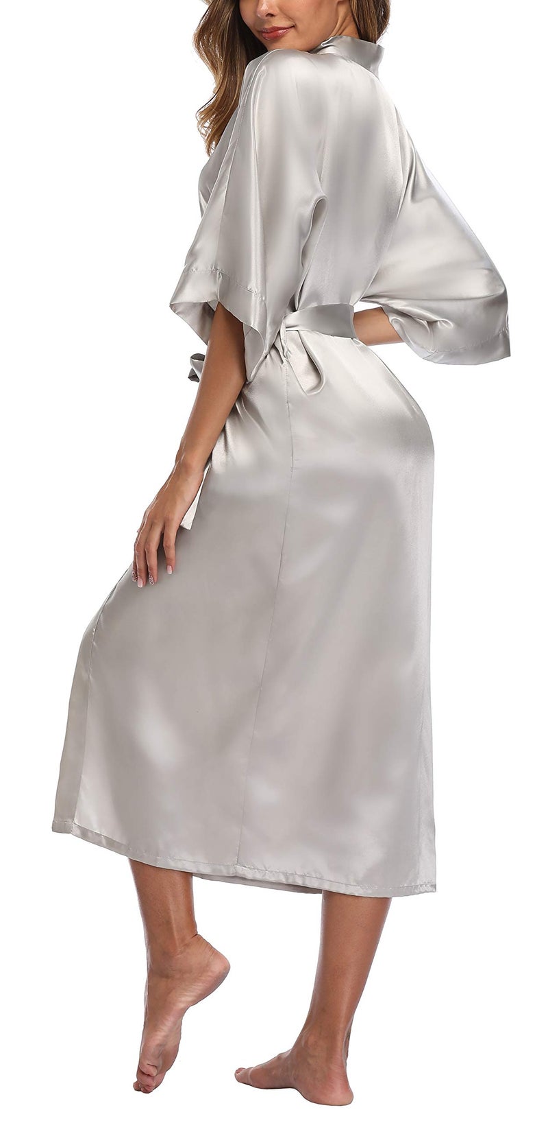 sunshinemall Women's Bridal Party Long Satin Bathrobe Kimono Nightgown Wedding Day Long Dress Gown - Image 4