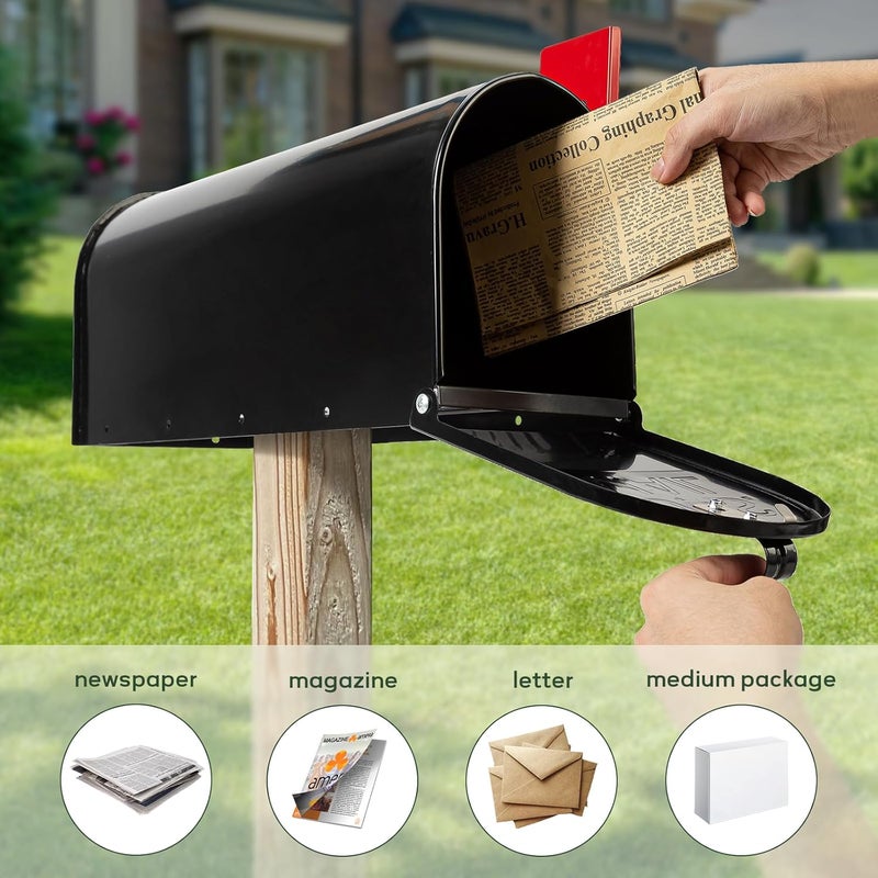 RAINHOL Black Metal Mailboxes for Outside Post Mount, Standard Mail Box, Galvanized Steel Heavy Duty Mailbox, Medium Capacity, 19 x 8.7 x 6.7 inches - Image 4
