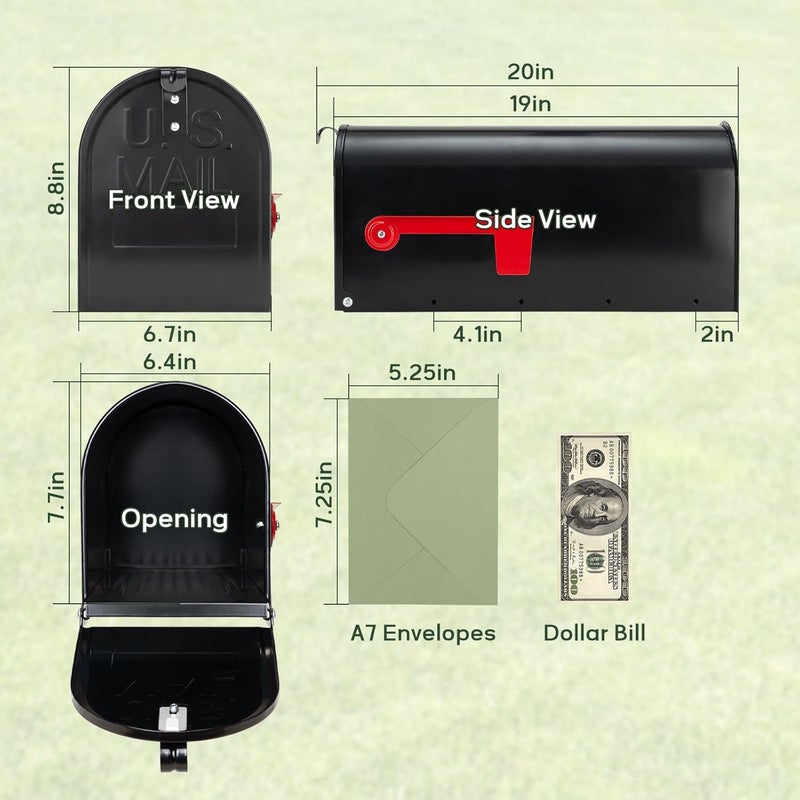 RAINHOL Black Metal Mailboxes for Outside Post Mount, Standard Mail Box, Galvanized Steel Heavy Duty Mailbox, Medium Capacity, 19 x 8.7 x 6.7 inches - Image 2
