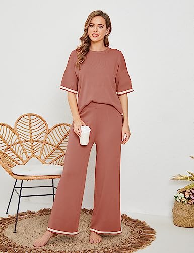 Tanming Sweater Sets Women 2 Piece Lounge Sets Short Sleeve Knit Pullover Tops Wide Leg Pants (Rust-M) - Image 4