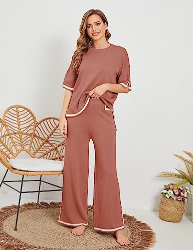 Tanming Sweater Sets Women 2 Piece Lounge Sets Short Sleeve Knit Pullover Tops Wide Leg Pants (Rust-M) - Image 3