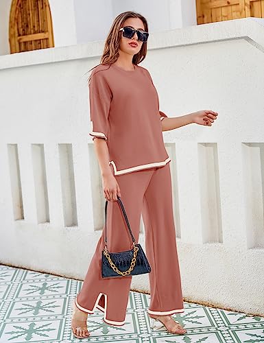 Tanming Sweater Sets Women 2 Piece Lounge Sets Short Sleeve Knit Pullover Tops Wide Leg Pants (Rust-M) - Image 5
