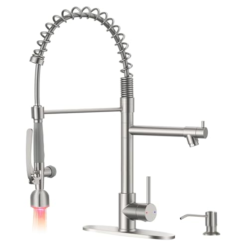 Fapully Commercial Kitchen Faucets with Pull Down Sprayer Brushed Nickel LED Single Handle Faucet for Kitchen Sink, Kitchen Faucet with Soap Dispenser and Deck Plack for 4 Hole - Image 1