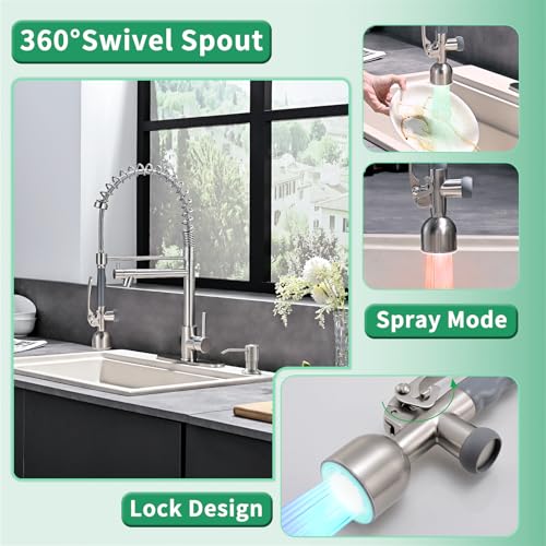 Fapully Commercial Kitchen Faucets with Pull Down Sprayer Brushed Nickel LED Single Handle Faucet for Kitchen Sink, Kitchen Faucet with Soap Dispenser and Deck Plack for 4 Hole - Image 4