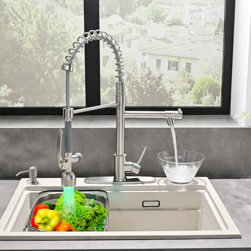Fapully Commercial Kitchen Faucets with Pull Down Sprayer Brushed Nickel LED Single Handle Faucet for Kitchen Sink, Kitchen Faucet with Soap Dispenser and Deck Plack for 4 Hole - Image 3