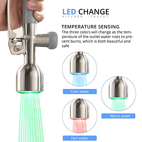 Fapully Commercial Kitchen Faucets with Pull Down Sprayer Brushed Nickel LED Single Handle Faucet for Kitchen Sink, Kitchen Faucet with Soap Dispenser and Deck Plack for 4 Hole - Image 2
