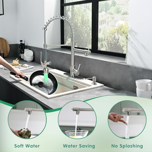 Fapully Commercial Kitchen Faucets with Pull Down Sprayer Brushed Nickel LED Single Handle Faucet for Kitchen Sink, Kitchen Faucet with Soap Dispenser and Deck Plack for 4 Hole - Image 5
