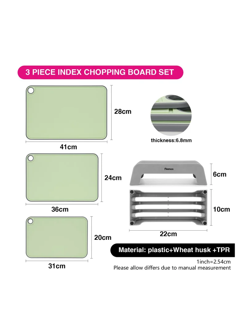 Fissman 3pcs Chopping Boards 41x28 cm. 36x24 cm. 31x20 cm With Holder Green Plastic And TPR