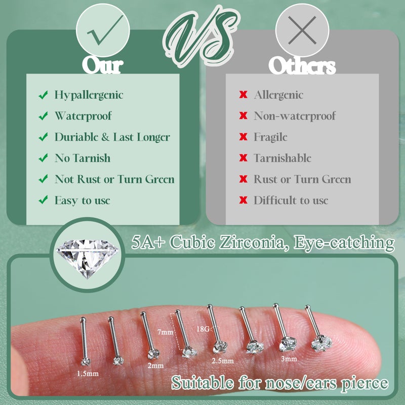 Jstyle 18G Nose Ring 316L Surgical Stainless Steel Nose Rings Studs Straight Bar Nose Studs Rings CZ Nose Ring Labret Nose Piercing Jewelry for Men Women 1.5mm 2mm 2.5mm 3mm - Image 2