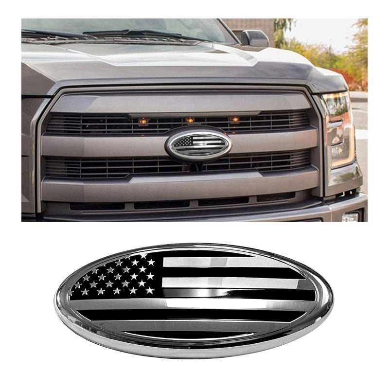 Suvnie Front Grille US Flag Emblem, 7 Inch Oval Rear Tailgate Decal Badge Nameplate, Central Mesh Cover Label Sticker Overlay Replacement Compatible with F150 F250 F350 and More (7'', Silver & Black) - Image 1