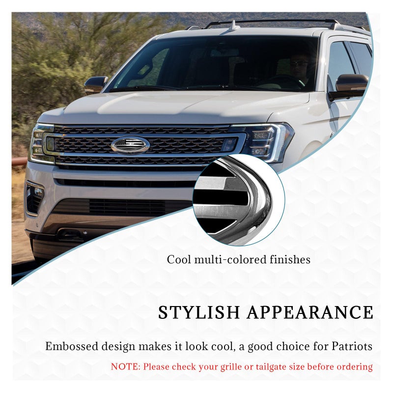 Suvnie Front Grille US Flag Emblem, 7 Inch Oval Rear Tailgate Decal Badge Nameplate, Central Mesh Cover Label Sticker Overlay Replacement Compatible with F150 F250 F350 and More (7'', Silver & Black) - Image 3
