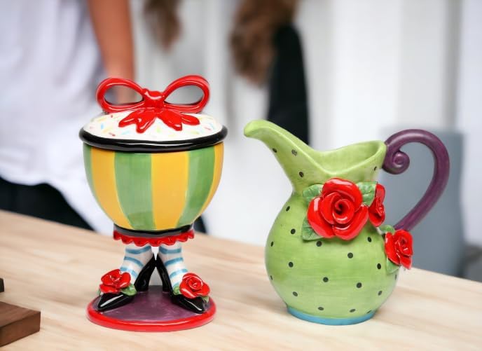 ATD 538 Inch Yellow and Green Sugar Bowl on Shoes and Green Creamer Set - Image 2