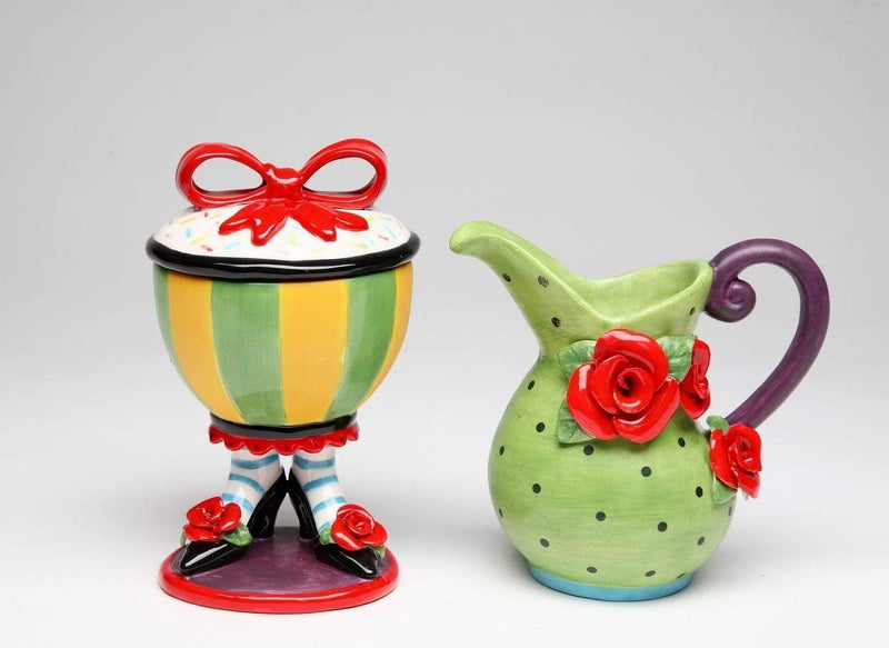 ATD 538 Inch Yellow and Green Sugar Bowl on Shoes and Green Creamer Set - Image 1