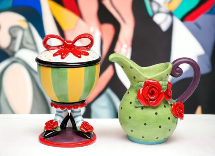 ATD 538 Inch Yellow and Green Sugar Bowl on Shoes and Green Creamer Set - Image 3