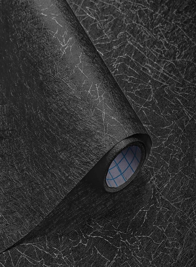 GloryTik 17.7"X78.7" Black Wallpaper Peel and Stick Wallpaper Black Silk Embossed Contact Paper Self Adhesive Removable Wallpaper Thicken Silk Textured Wallpaper for Living Room Cabinet Decoration - Image 1