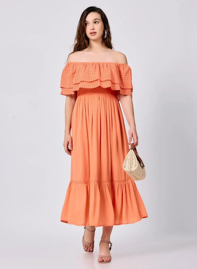 Outzidr  Peach Off Shoulder Tiered Midi Dress for Women | Best Price UAE