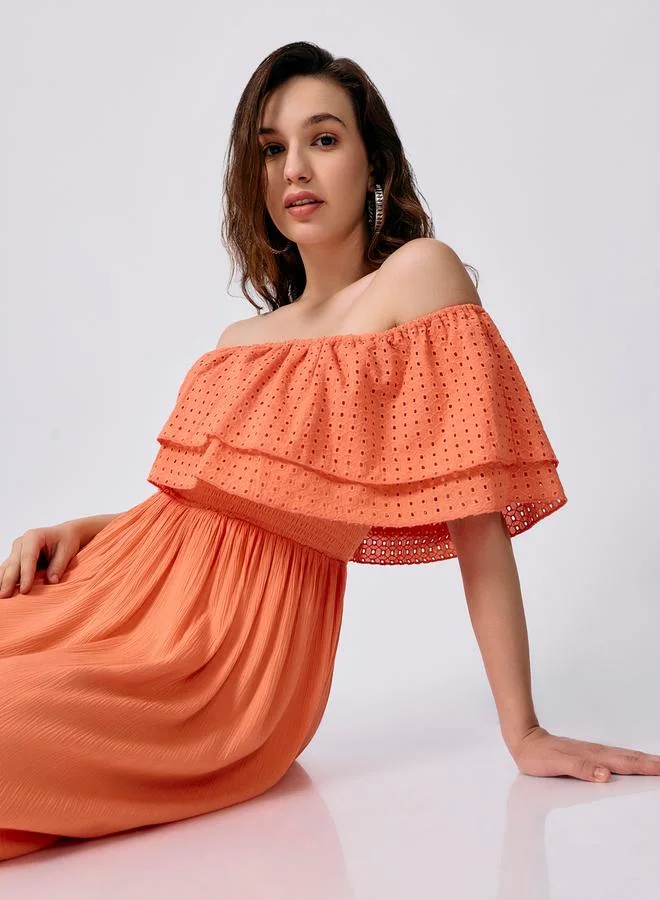 Outzidr  Peach Off Shoulder Tiered Midi Dress for Women | Best Price UAE