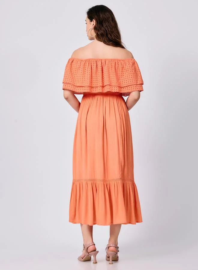 Outzidr  Peach Off Shoulder Tiered Midi Dress for Women | Best Price UAE