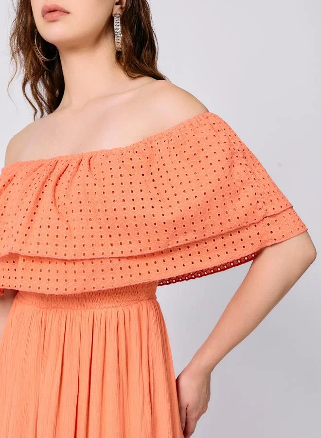 Outzidr  Peach Off Shoulder Tiered Midi Dress for Women | Best Price UAE