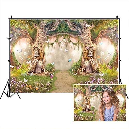 Leowefowa 7x5ft Polyester Spring Backdrop Fairy Enchanted Garden Fairytale Forest Jungle Photo Background for Party Photoshoot Baby Kid Girl Children Photography Studio Props Enchanted Forest Backdrop - Image 1