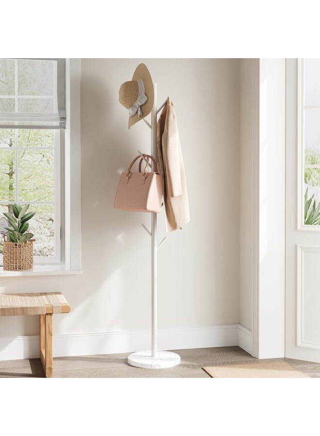 ELYKEN Coat Rack Freestanding with Natural Marble Base, Metal Coat Rack Stand with 10 Hooks, 3 Adjustable Size Coat Tree for Bags, Clothes, and Hats for Entryway, Bedroom, Hallway, Office, White - Image 2