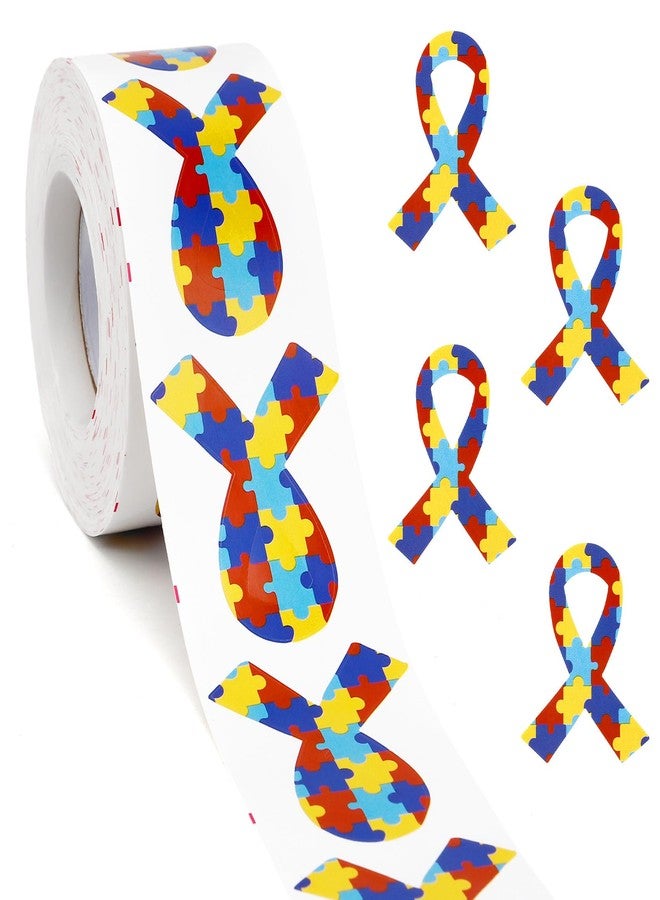ldyllicStyle Autism Stickers, 500Pcs Autism Awareness Stickers, Colorful Self-Adhesive Ribbon Shaped Sticker Labels Roll with Puzzle Pattern for Kids Women Men Asperger's Awareness Events Party Decorations - Image 1