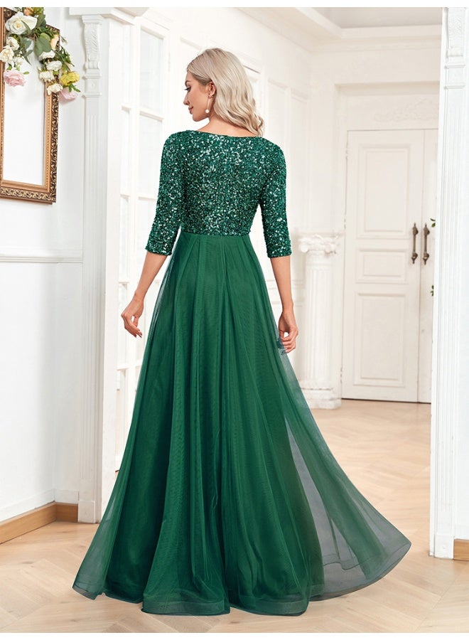 إسكدنيا فستان سهرة أنيق بتصميم A مع أكمام قصيرة على شكل V باللون الأخضر الداكن، مزود بترتر ورقيق يناسب حفلات الرقص. - Image 2