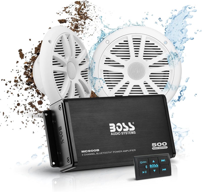 BOSS Audio Systems ASK902B.6 Marine Boat 6.5 inch Speakers and 4 Channel Amplifier Package - 500 High Output, Bluetooth Remote, Waterproof Pouch - Image 1