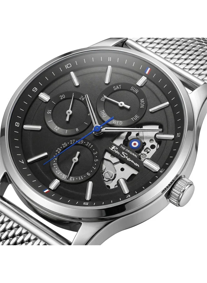 بين شيرمان St Albans Black Dial Stainless Steel Bracelet Multifunction Watch for Men, 43.5mm