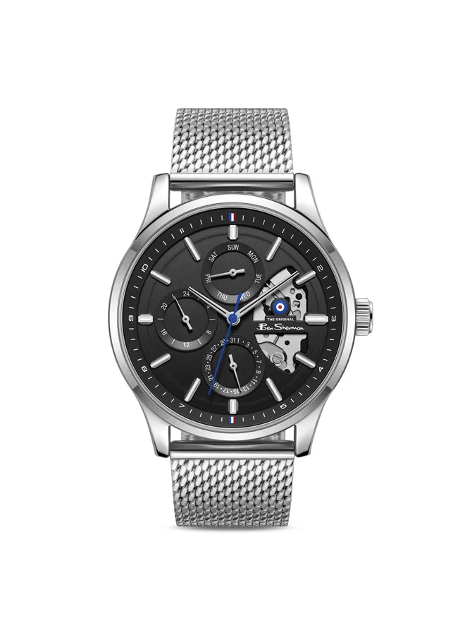 بين شيرمان St Albans Black Dial Stainless Steel Bracelet Multifunction Watch for Men, 43.5mm