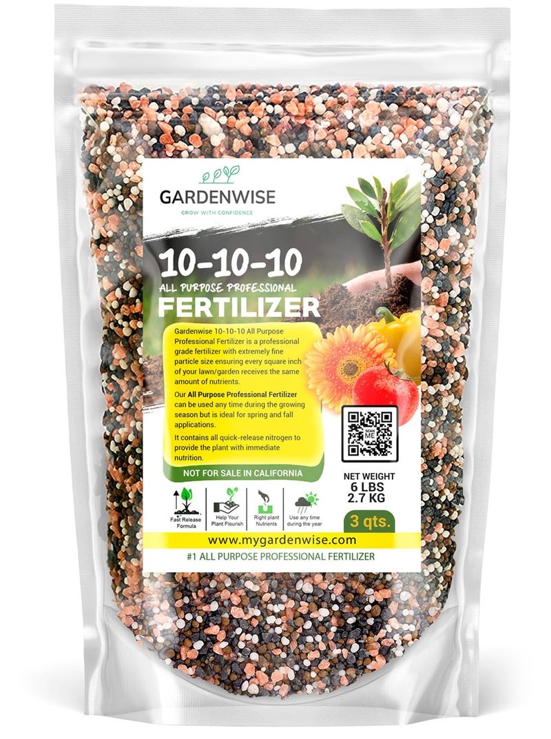 GARDENWISE سماد نباتي 10-10-10 بطيء الإطلاق - سماد حبيبي متعدد الأغراض 10 10 10 للحدائق للخضروات، الطماطم، الأروبيتا، الشجيرات، الورد، الزهور، الفواكه، أشجار التين (3 لترات) - Image 1