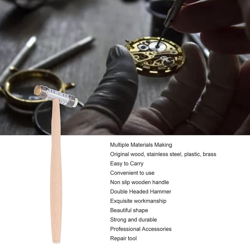 مطرقة صنع مجوهرات ذات رأسين من الفولاذ المقاوم للصدأ بمقبض خشبي، أداة احترافية لإصلاح الساعات - Image 5
