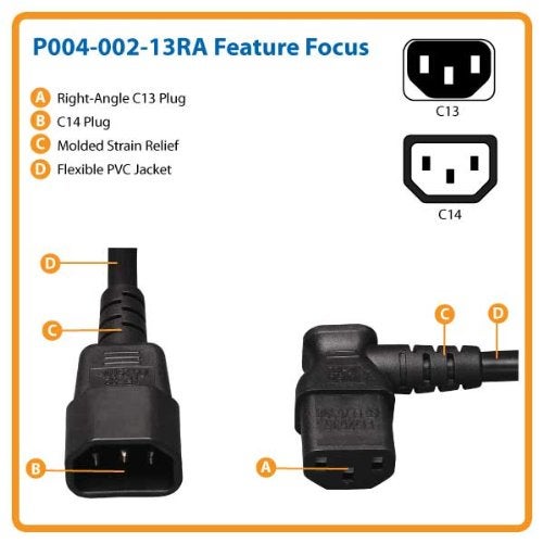 Tripp Lite Standard Computer Power Extension Cord 10A, 18AWG (IEC-320-C14 to Right AngleIEC-320-C13) 2-ft.(P004-002-13RA) , Black - Image 3