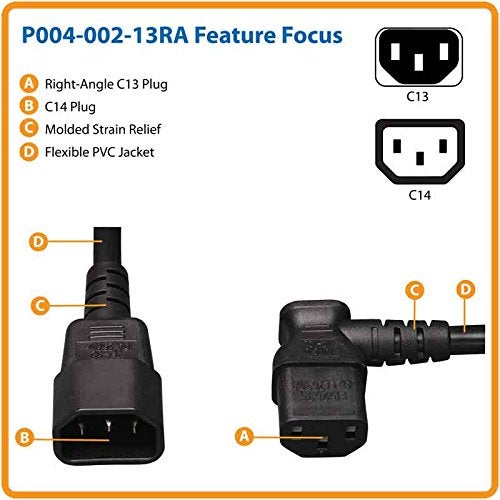 Tripp Lite Standard Computer Power Extension Cord 10A, 18AWG (IEC-320-C14 to Right AngleIEC-320-C13) 2-ft.(P004-002-13RA) , Black - Image 2