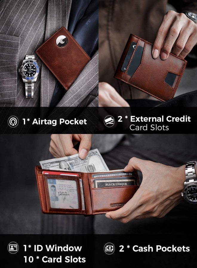 LORZOR AirTag Wallet- Bifold Full Grain Leather AirTag Wallet for Men, Minimalist Front Pocket Wallet with Airtag Holder, RFID Blocking, 12 Card Capacity Gift for Men(Vintage Brown) - Image 3
