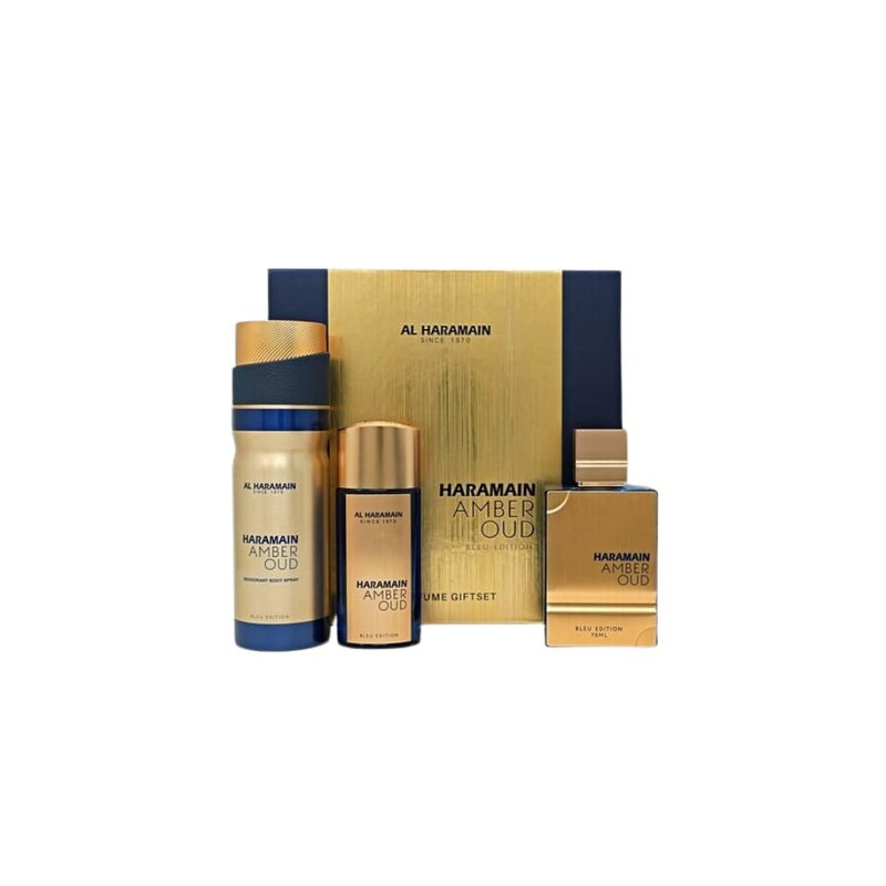 Al Haramain Amber Oud Bleu Edition 3 Pc Gift Set for Unisex  Luxury Cologne  Perfume for Men  Women  25oz EDP Spray 1oz EDP Spray 66oz Body Spray  Arabian  Arabic Long Lasting Fragrance