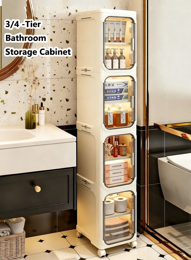 خزانة تخزين للحمام، خزانة تخزين للمرحاض من 4 طبقات للأرضيات الضيقة، خزانة تخزين ورق تواليت رفيعة مع أبواب وأرفف، تصميم مقاوم للماء، للمساحات الصغيرة، الحمام، المطبخ، الغسيل، أبيض - Image 1