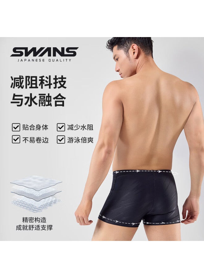 Swans Men's Swimming Trunks, Boxer Style, Anti-embarrassment, Professional Training, Quick-drying Swimwear, Hot Spring Black, 3XL