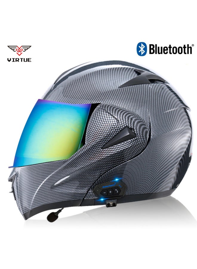 Virtue Men's Open-Face Bluetooth Motorcycle Helmet, Imitation Carbon Fiber with Colorful Mirror Visor, 3C Certified