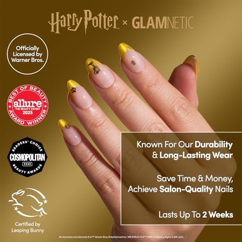 Glamnetic Press On Nails x Harry Potter Helga Hufflepuff Short Almond Fake Nails with Velvet Yellow French Tips Gold Graphics Officially Licensed 15 Sizes 30 Nail Kit with Glue - Image 3