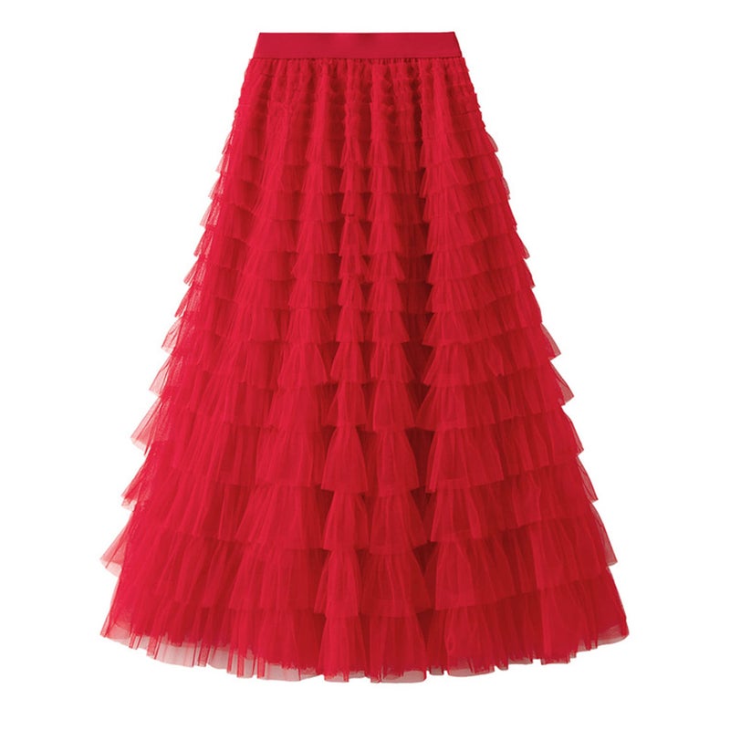 Dirholl Women's A-Line Fairy Patterned Elastic Waist Ruffle Tulle Layered Midi Skirt Tutu B Red - Image 1