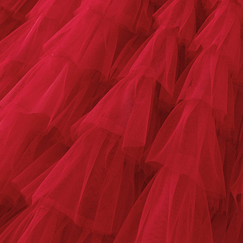 Dirholl Women's A-Line Fairy Patterned Elastic Waist Ruffle Tulle Layered Midi Skirt Tutu B Red - Image 2