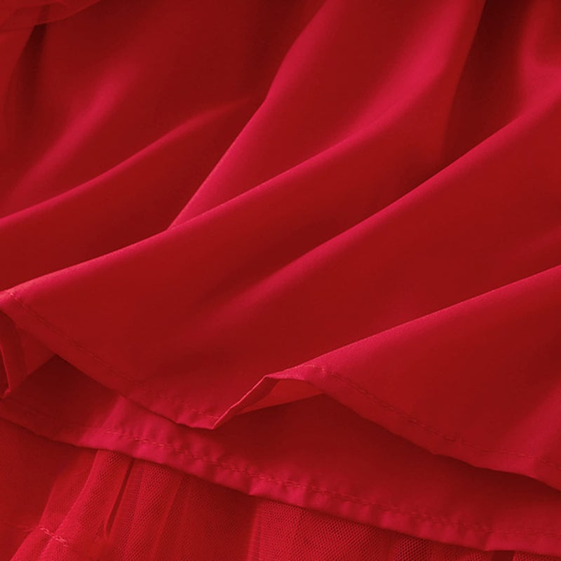 Dirholl Women's A-Line Fairy Patterned Elastic Waist Ruffle Tulle Layered Midi Skirt Tutu B Red - Image 5