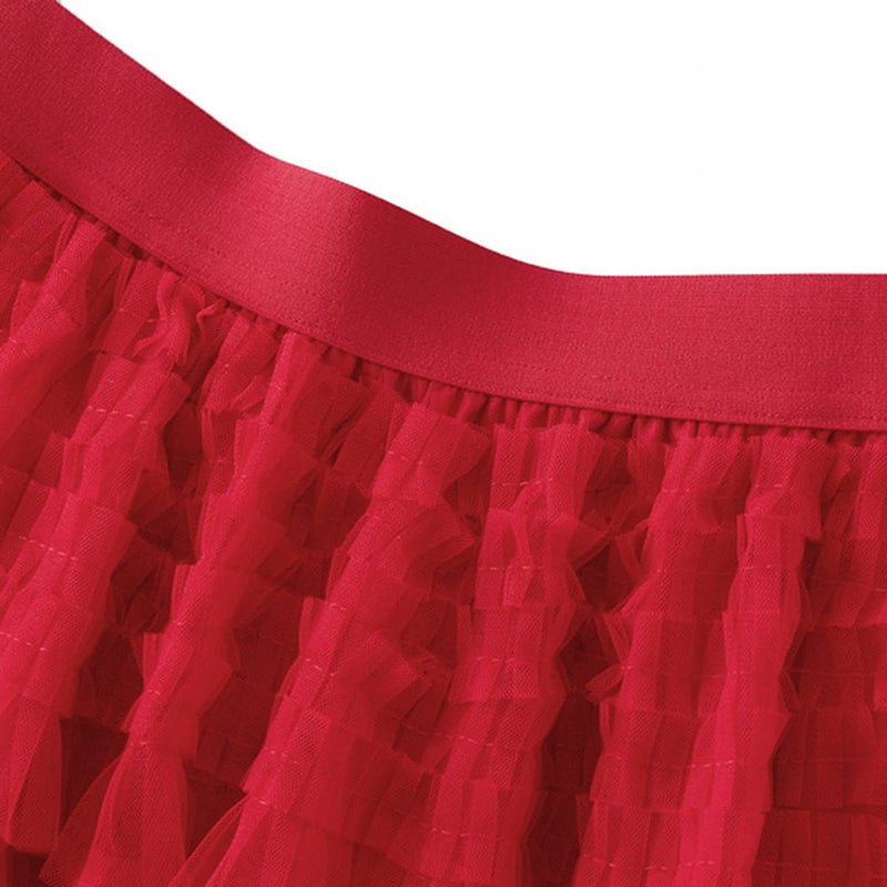 Dirholl Women's A-Line Fairy Patterned Elastic Waist Ruffle Tulle Layered Midi Skirt Tutu B Red - Image 3