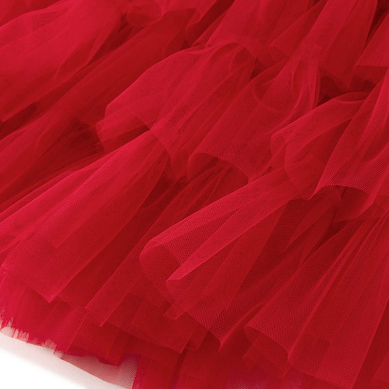 Dirholl Women's A-Line Fairy Patterned Elastic Waist Ruffle Tulle Layered Midi Skirt Tutu B Red - Image 4