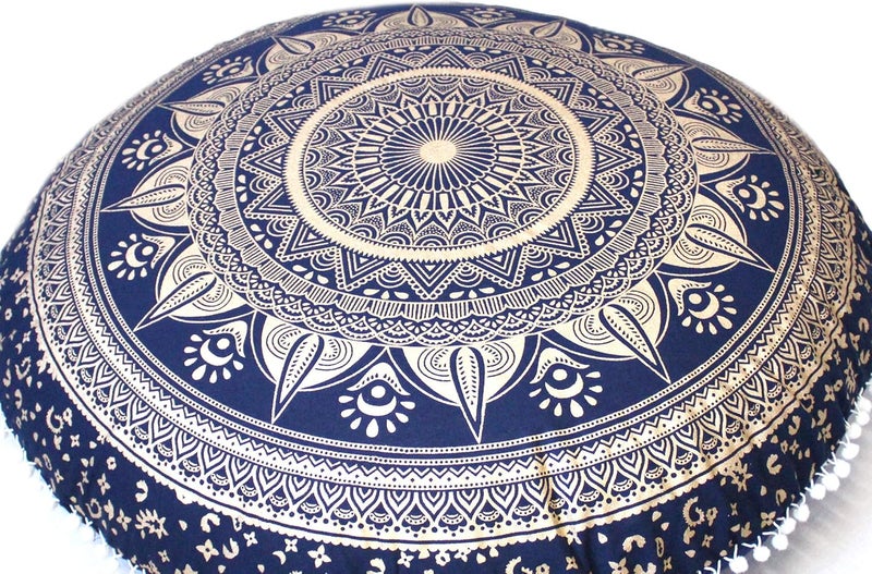 CRAFT KALA كالا كرافت غطاء وسادة أرضية مستديرة من القطن مطبوعة باليد بنقش الماندالا | وسادة جلوس لغرفة المعيشة وغرفة اليوغا وديكور المنزل | الحجم - 32 بوصة | اللون - أزرق وذهبي - Image 2